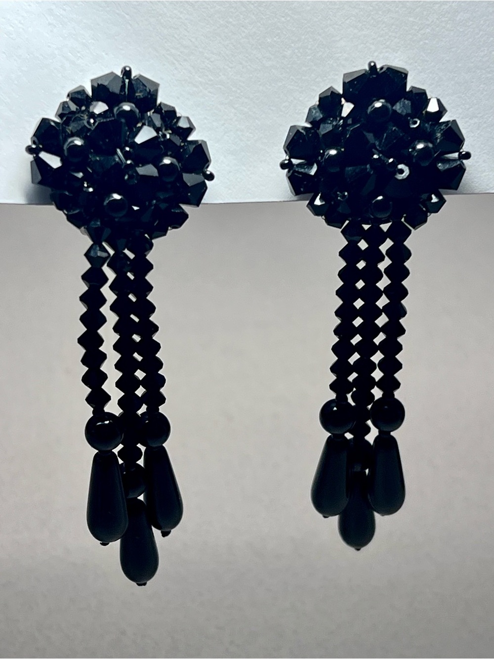 Vintage Black Glass Beaded Faceted Dangle Earrings